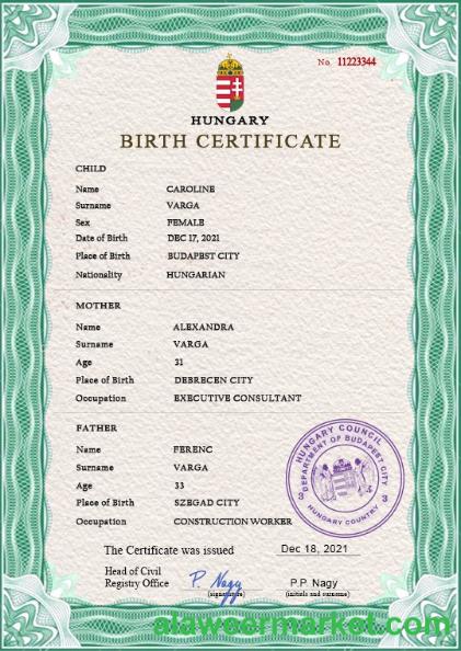Hungary birth certificate PSD template